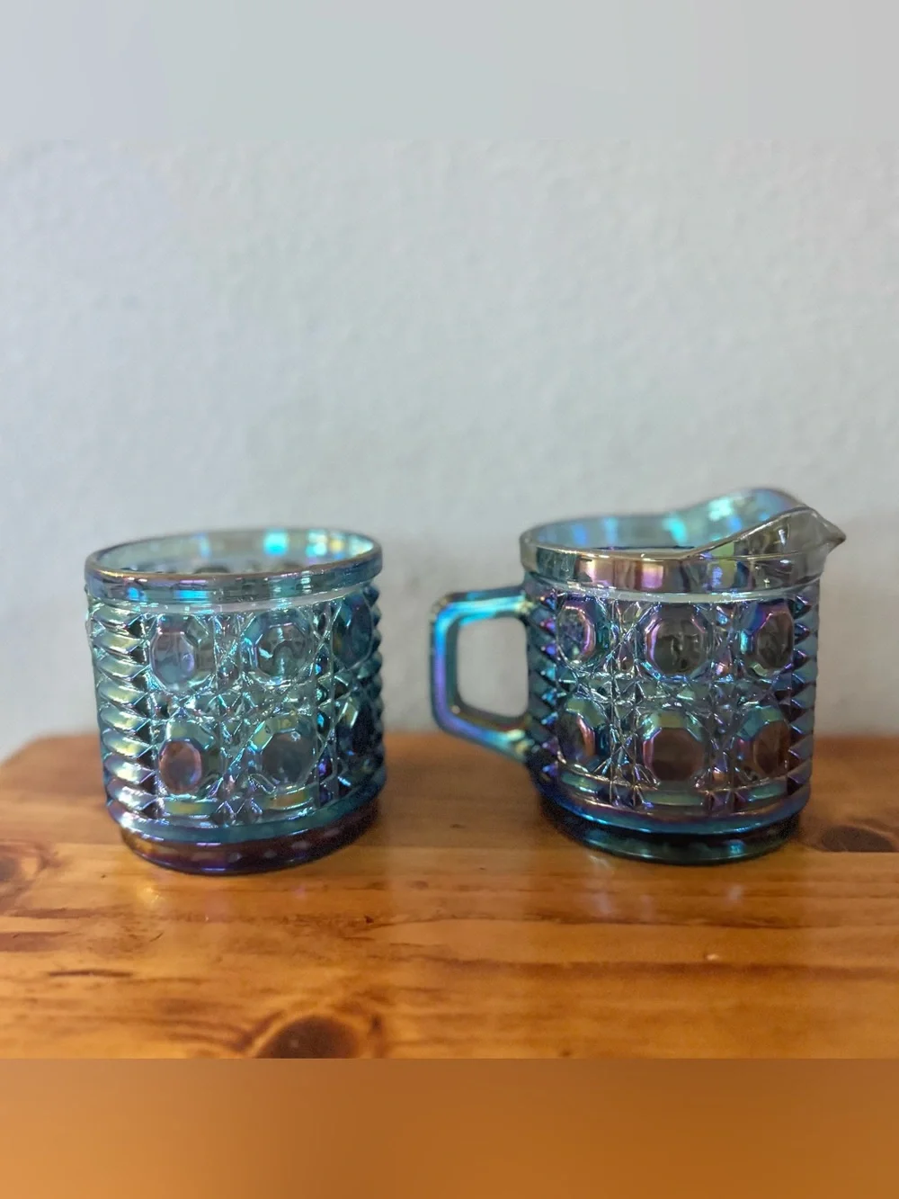 Indiana Glass Sugar & Creamer Set Windsor Design Carnival Glass Iridescent Blue